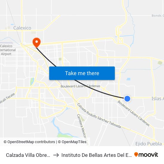 Calzada Villa Obregón / Río Congo to Instituto De Bellas Artes Del Estado De Baja California map