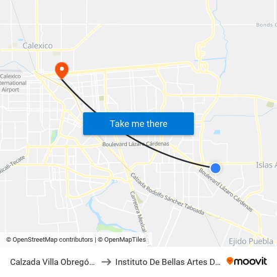 Calzada Villa Obregón / Avenida Río Gambia to Instituto De Bellas Artes Del Estado De Baja California map