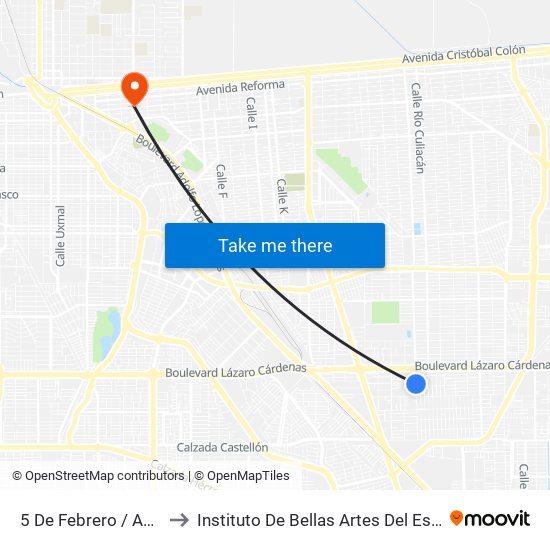 5 De Febrero / Avenida Torreón to Instituto De Bellas Artes Del Estado De Baja California map