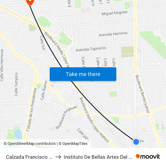 Calzada Francisco Montejano / Kora to Instituto De Bellas Artes Del Estado De Baja California map