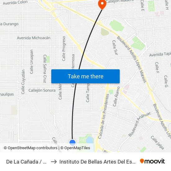 De La Cañada / Avenida Cima to Instituto De Bellas Artes Del Estado De Baja California map