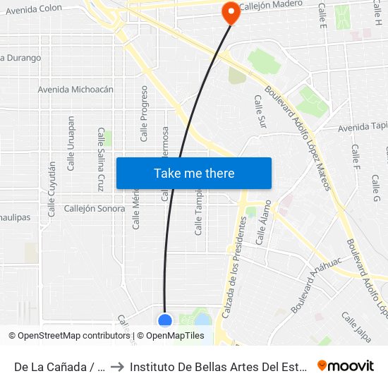 De La Cañada / Del Bosque to Instituto De Bellas Artes Del Estado De Baja California map