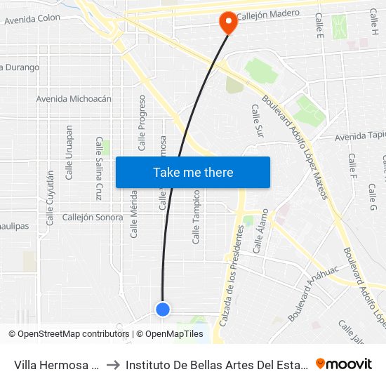 Villa Hermosa / Tecomán to Instituto De Bellas Artes Del Estado De Baja California map