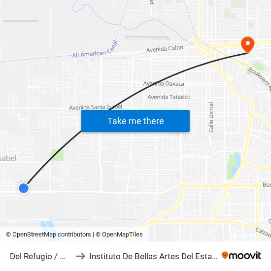 Del Refugio / Monte Xanic to Instituto De Bellas Artes Del Estado De Baja California map