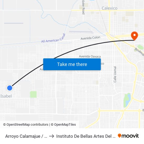 Arroyo Calamajue / Avenida Guayaquil to Instituto De Bellas Artes Del Estado De Baja California map