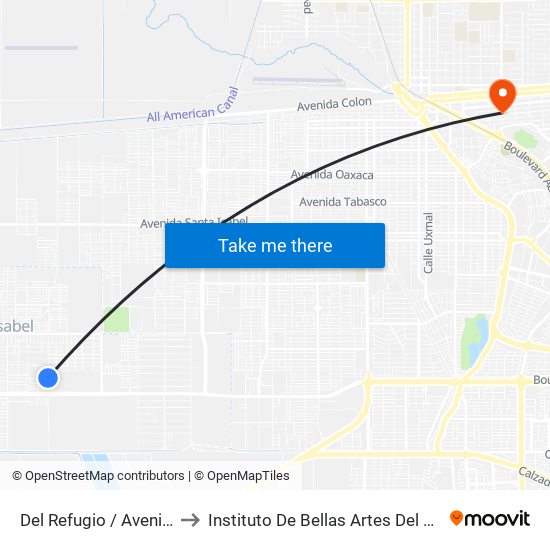 Del Refugio / Avenida San Cristóbal to Instituto De Bellas Artes Del Estado De Baja California map