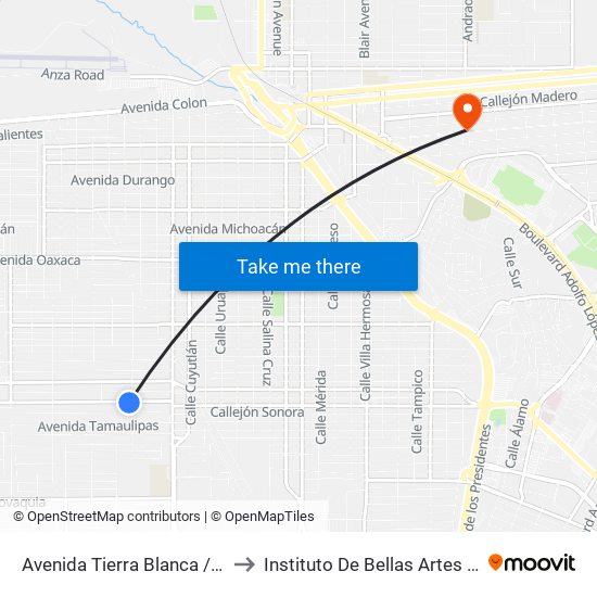Avenida Tierra Blanca / Bahía De Todos Los Santos to Instituto De Bellas Artes Del Estado De Baja California map