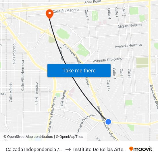 Calzada Independencia / Boulevard Adolfo López Mateos to Instituto De Bellas Artes Del Estado De Baja California map