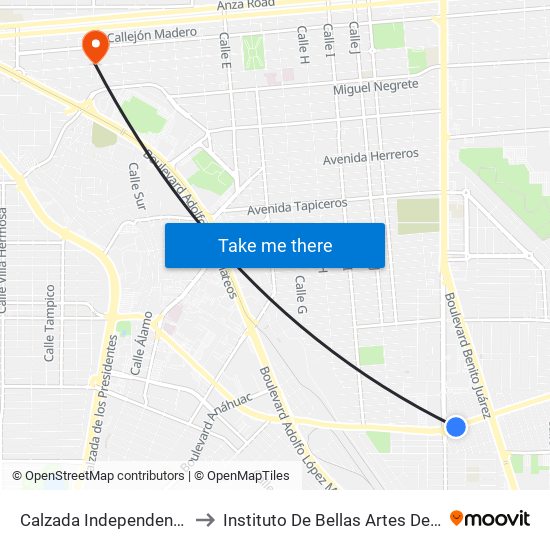 Calzada Independencia / José Valenzuela to Instituto De Bellas Artes Del Estado De Baja California map