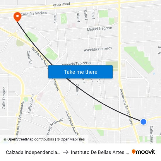Calzada Independencia / María Rodríguez Del Toro to Instituto De Bellas Artes Del Estado De Baja California map