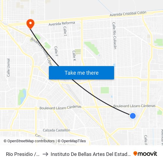 Río Presidio / Jiquilpan to Instituto De Bellas Artes Del Estado De Baja California map