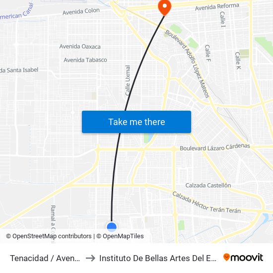 Tenacidad / Avenida Estabilidad to Instituto De Bellas Artes Del Estado De Baja California map