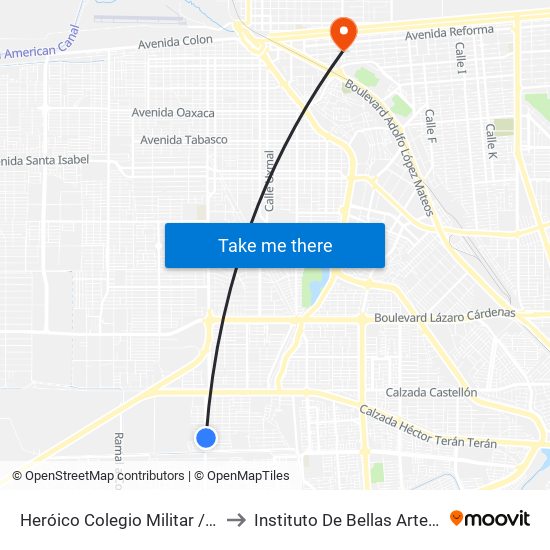 Heróico Colegio Militar / General Manuel De Mier Y Terán to Instituto De Bellas Artes Del Estado De Baja California map