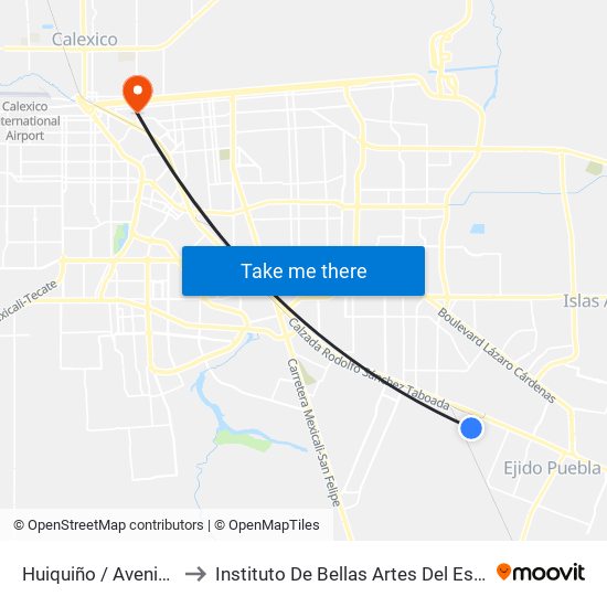 Huiquiño / Avenida Huazontles to Instituto De Bellas Artes Del Estado De Baja California map
