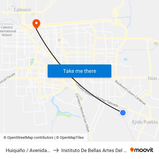 Huiquiño / Avenida De Los Mosaícos to Instituto De Bellas Artes Del Estado De Baja California map