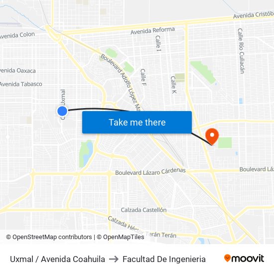 Uxmal / Avenida Coahuila to Facultad De Ingenieria map