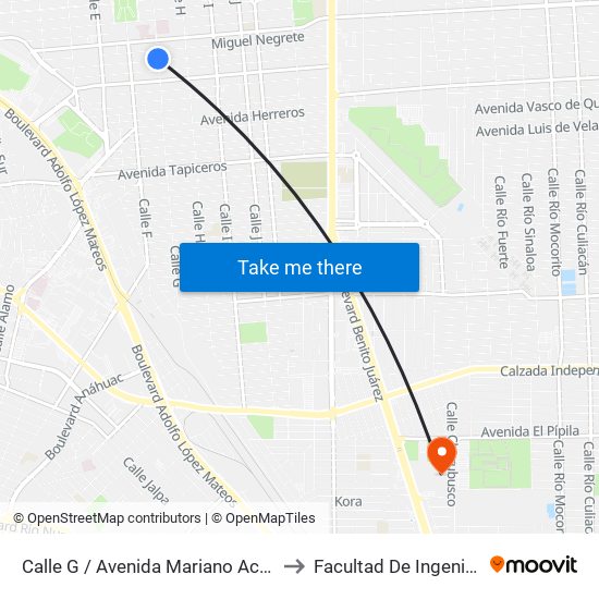 Calle G / Avenida Mariano Acosta to Facultad De Ingenieria map