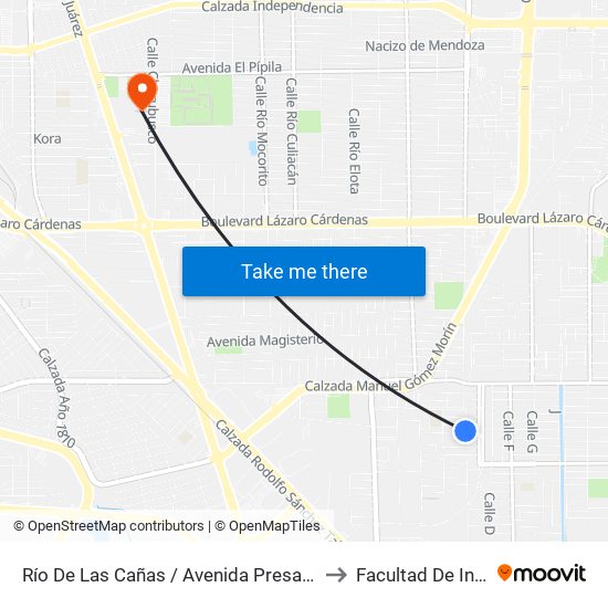 Río De Las Cañas / Avenida Presa Miguel Hidalgo to Facultad De Ingenieria map