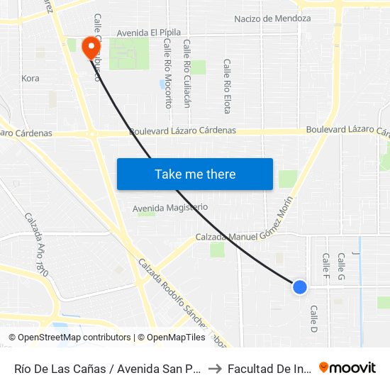 Río De Las Cañas / Avenida San Pedro Mezquital to Facultad De Ingenieria map