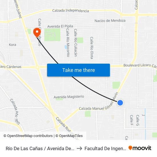 Río De Las Cañas / Avenida Del Ejido to Facultad De Ingenieria map