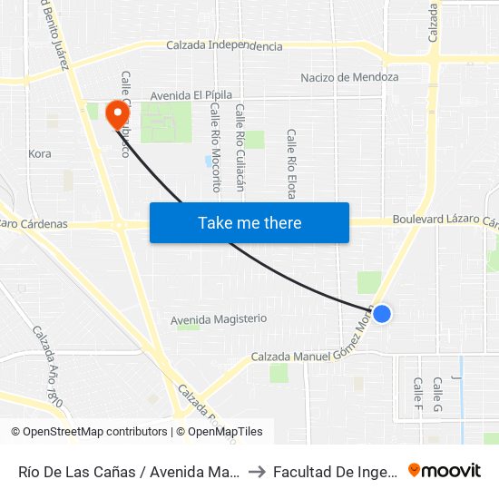 Río De Las Cañas / Avenida Magisterio to Facultad De Ingenieria map