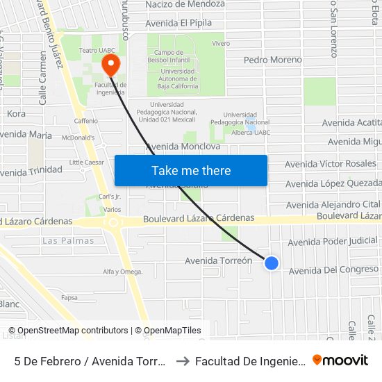 5 De Febrero / Avenida Torreón to Facultad De Ingenieria map