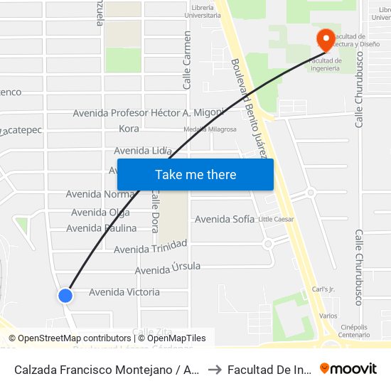 Calzada Francisco Montejano / Avenida Victoria to Facultad De Ingenieria map