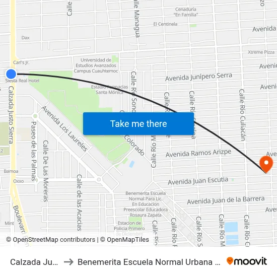 Calzada Justo Sierra, 950_1 to Benemerita Escuela Normal Urbana Nocturna Del Estado Ing. Jose G. Valenzuela map