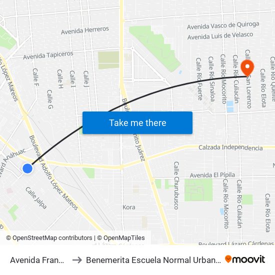 Avenida Francisco Sarabia / Calera to Benemerita Escuela Normal Urbana Nocturna Del Estado Ing. Jose G. Valenzuela map