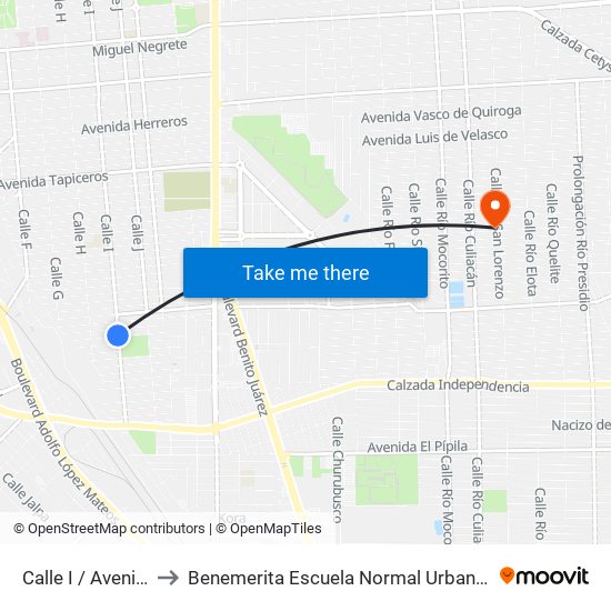 Calle I / Avenida Francisco Mujica to Benemerita Escuela Normal Urbana Nocturna Del Estado Ing. Jose G. Valenzuela map