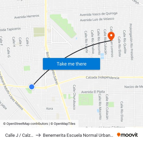 Calle J / Calzada Independencia to Benemerita Escuela Normal Urbana Nocturna Del Estado Ing. Jose G. Valenzuela map