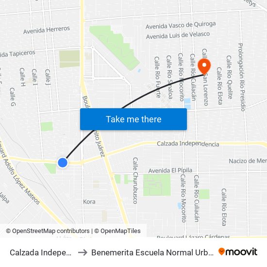 Calzada Independencia / Naripeo Cardone to Benemerita Escuela Normal Urbana Nocturna Del Estado Ing. Jose G. Valenzuela map
