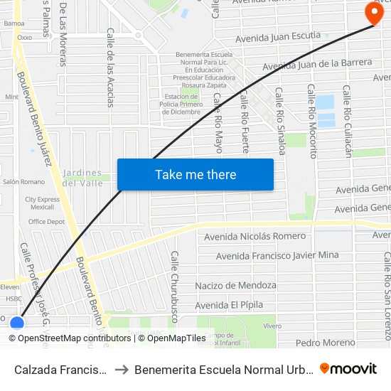 Calzada Francisco Montejano / Las Juntas to Benemerita Escuela Normal Urbana Nocturna Del Estado Ing. Jose G. Valenzuela map