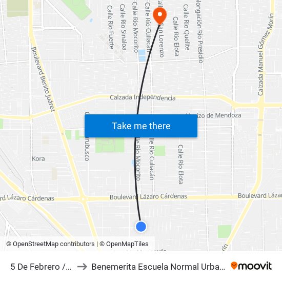 5 De Febrero / Avenida Ayuntamiento to Benemerita Escuela Normal Urbana Nocturna Del Estado Ing. Jose G. Valenzuela map