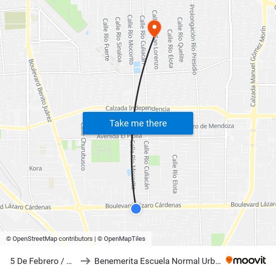 5 De Febrero / Boulevard Lázaro Cárdenas to Benemerita Escuela Normal Urbana Nocturna Del Estado Ing. Jose G. Valenzuela map