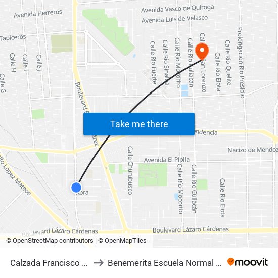 Calzada Francisco Montejano / Manuel Marín Capaceta to Benemerita Escuela Normal Urbana Nocturna Del Estado Ing. Jose G. Valenzuela map