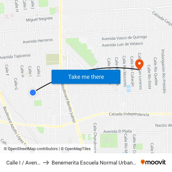 Calle I / Avenida Gustavo Sotelo to Benemerita Escuela Normal Urbana Nocturna Del Estado Ing. Jose G. Valenzuela map