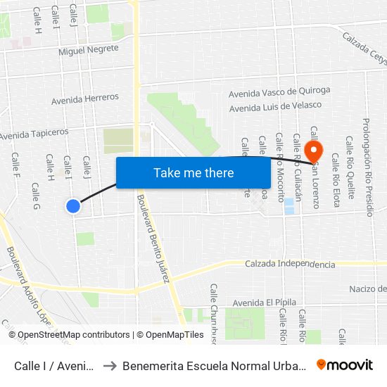 Calle I / Avenida José Sánchez Islas to Benemerita Escuela Normal Urbana Nocturna Del Estado Ing. Jose G. Valenzuela map