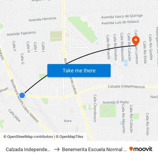 Calzada Independencia / Boulevard Adolfo López Mateos to Benemerita Escuela Normal Urbana Nocturna Del Estado Ing. Jose G. Valenzuela map