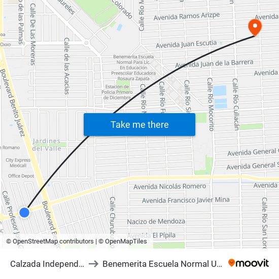 Calzada Independencia / María Castro Valenzuela to Benemerita Escuela Normal Urbana Nocturna Del Estado Ing. Jose G. Valenzuela map