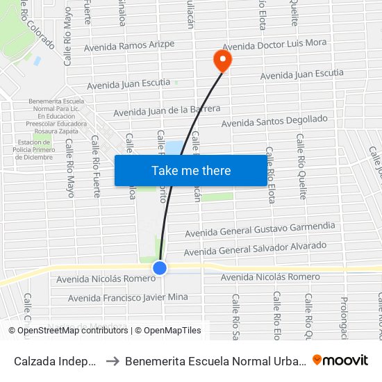 Calzada Independencia / Río Mocorito to Benemerita Escuela Normal Urbana Nocturna Del Estado Ing. Jose G. Valenzuela map