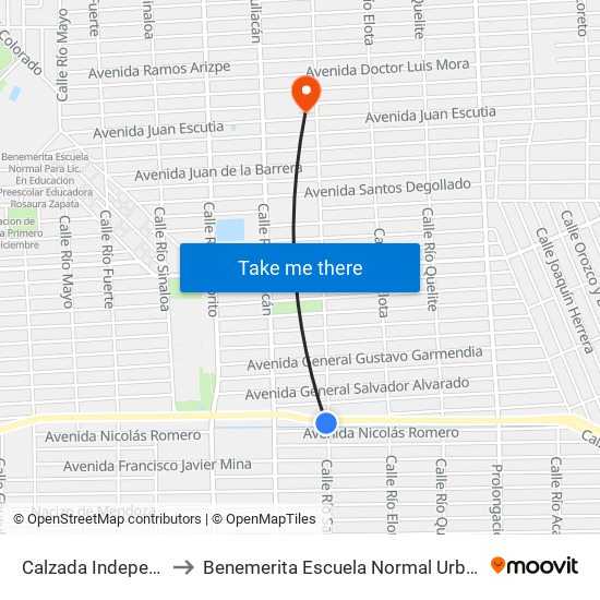 Calzada Independencia / Río San Lorenzo to Benemerita Escuela Normal Urbana Nocturna Del Estado Ing. Jose G. Valenzuela map