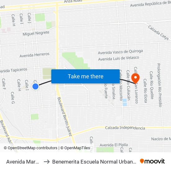 Avenida Marmoleros Sur / Calle J to Benemerita Escuela Normal Urbana Nocturna Del Estado Ing. Jose G. Valenzuela map