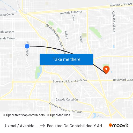 Uxmal / Avenida Sinaloa to Facultad De Contabilidad Y Administracion map