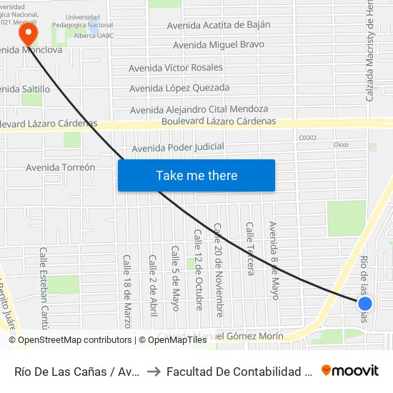 Río De Las Cañas / Avenida Del Ejido to Facultad De Contabilidad Y Administracion map