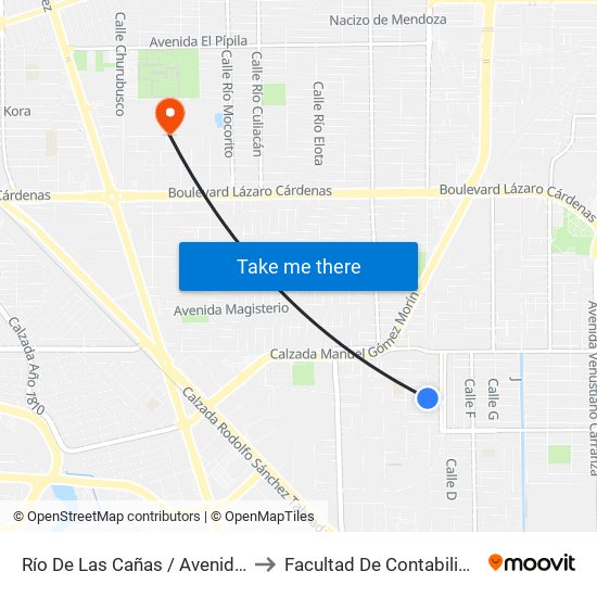 Río De Las Cañas / Avenida Presa Miguel Hidalgo to Facultad De Contabilidad Y Administracion map