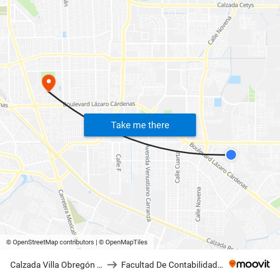 Calzada Villa Obregón / Río Guadalupe to Facultad De Contabilidad Y Administracion map