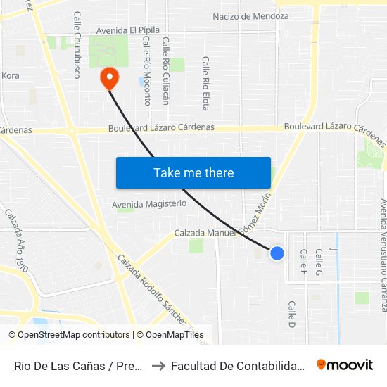 Río De Las Cañas / Presa De La Amistad to Facultad De Contabilidad Y Administracion map