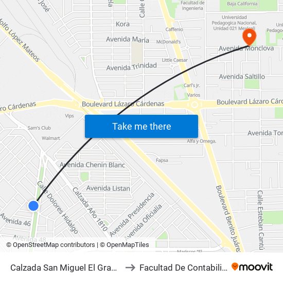 Calzada San Miguel El Grande / Avenida Niños Héroes to Facultad De Contabilidad Y Administracion map