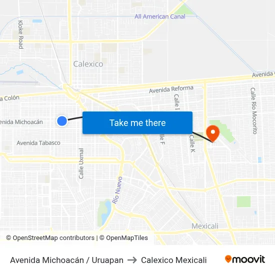 Avenida Michoacán / Uruapan to Calexico Mexicali map